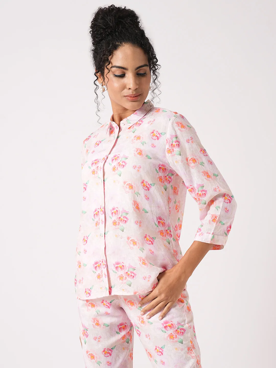 Women Slim Fit Soft Pink Printed Shirt