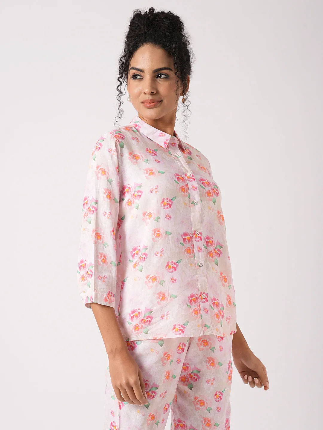 Women Slim Fit Soft Pink Printed Shirt