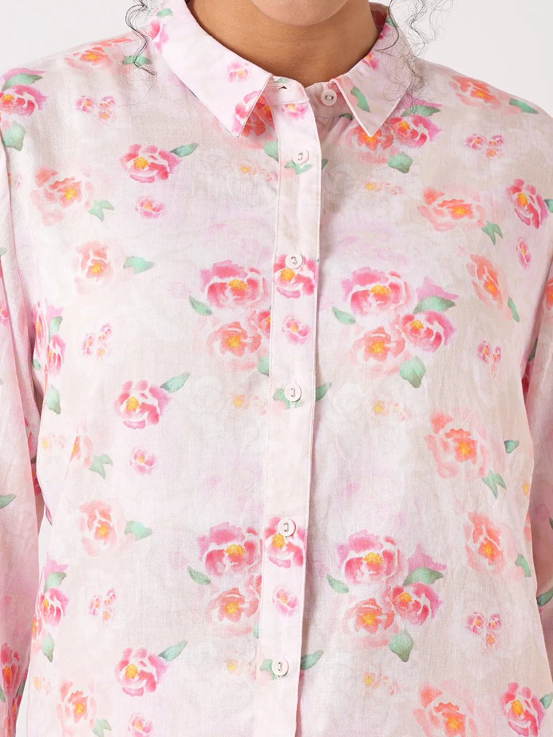 Women Slim Fit Soft Pink Printed Shirt