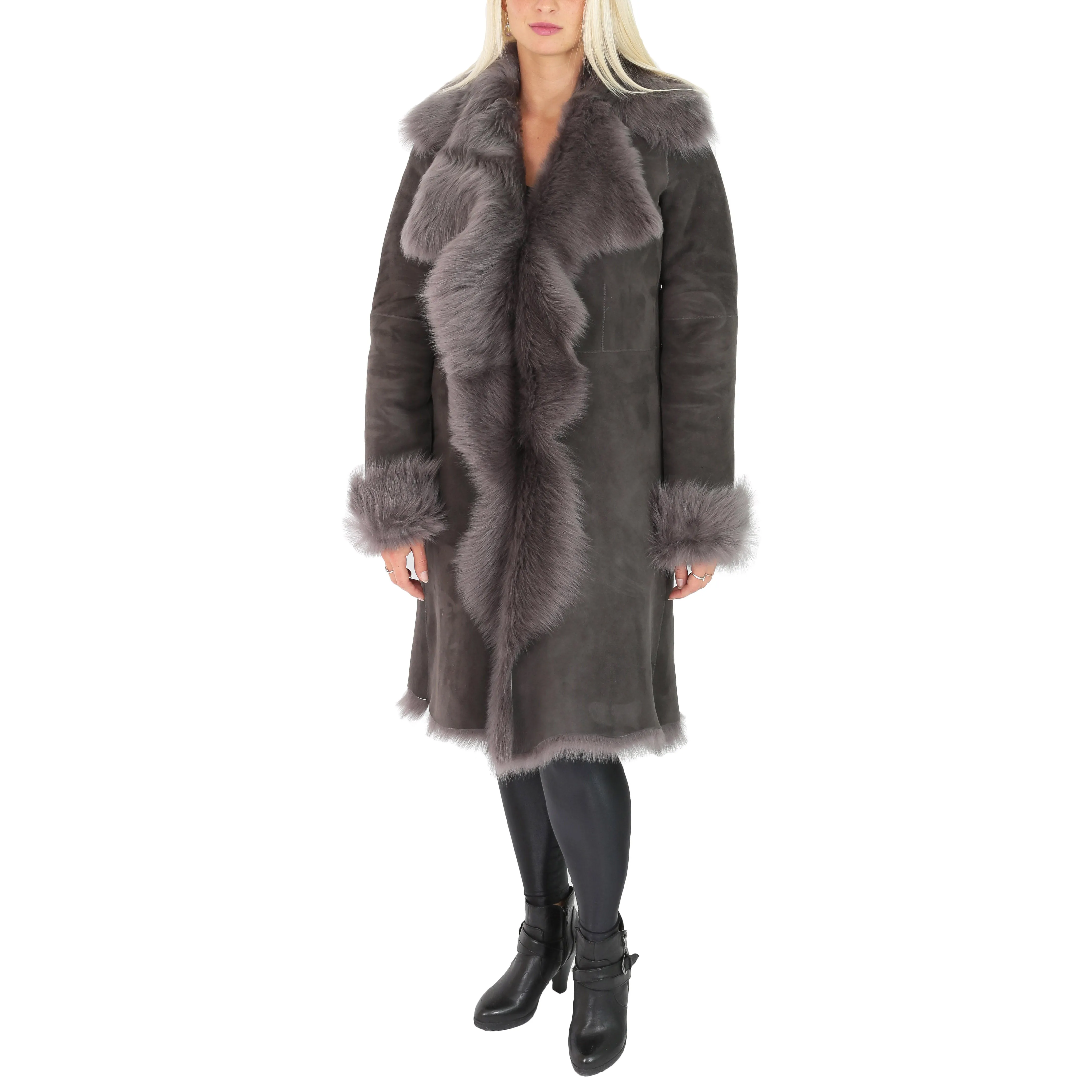 Womens Luxurious Toscana Long Coat Real Sheepskin Pamela Grey