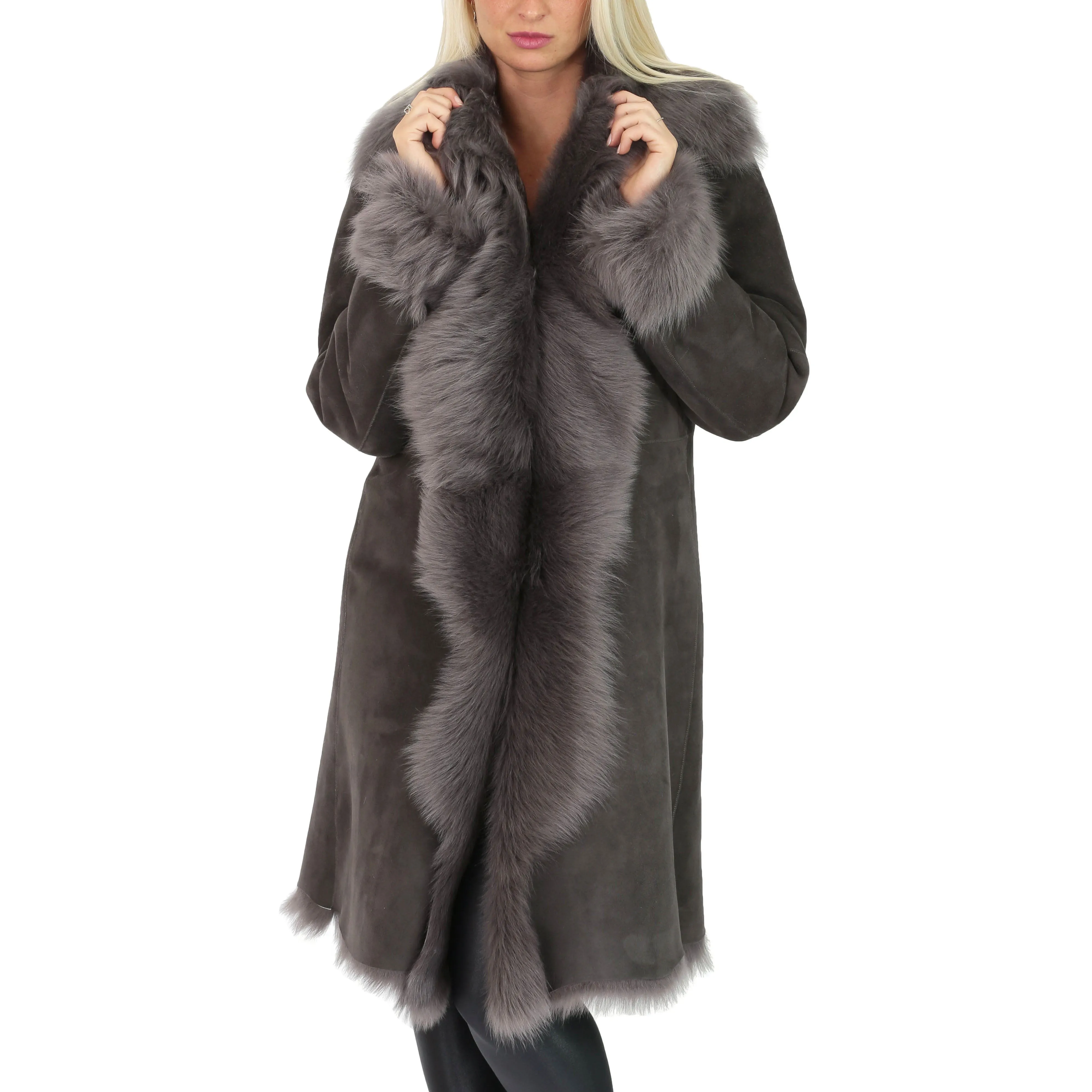 Womens Luxurious Toscana Long Coat Real Sheepskin Pamela Grey